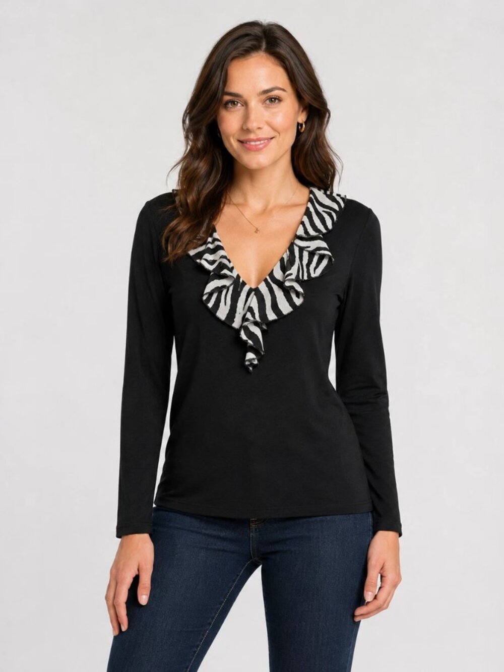 Lauren Ralph Lauren Black Zebra Ruffle Trim Blouse S Long Sleeve Top Soft Chic